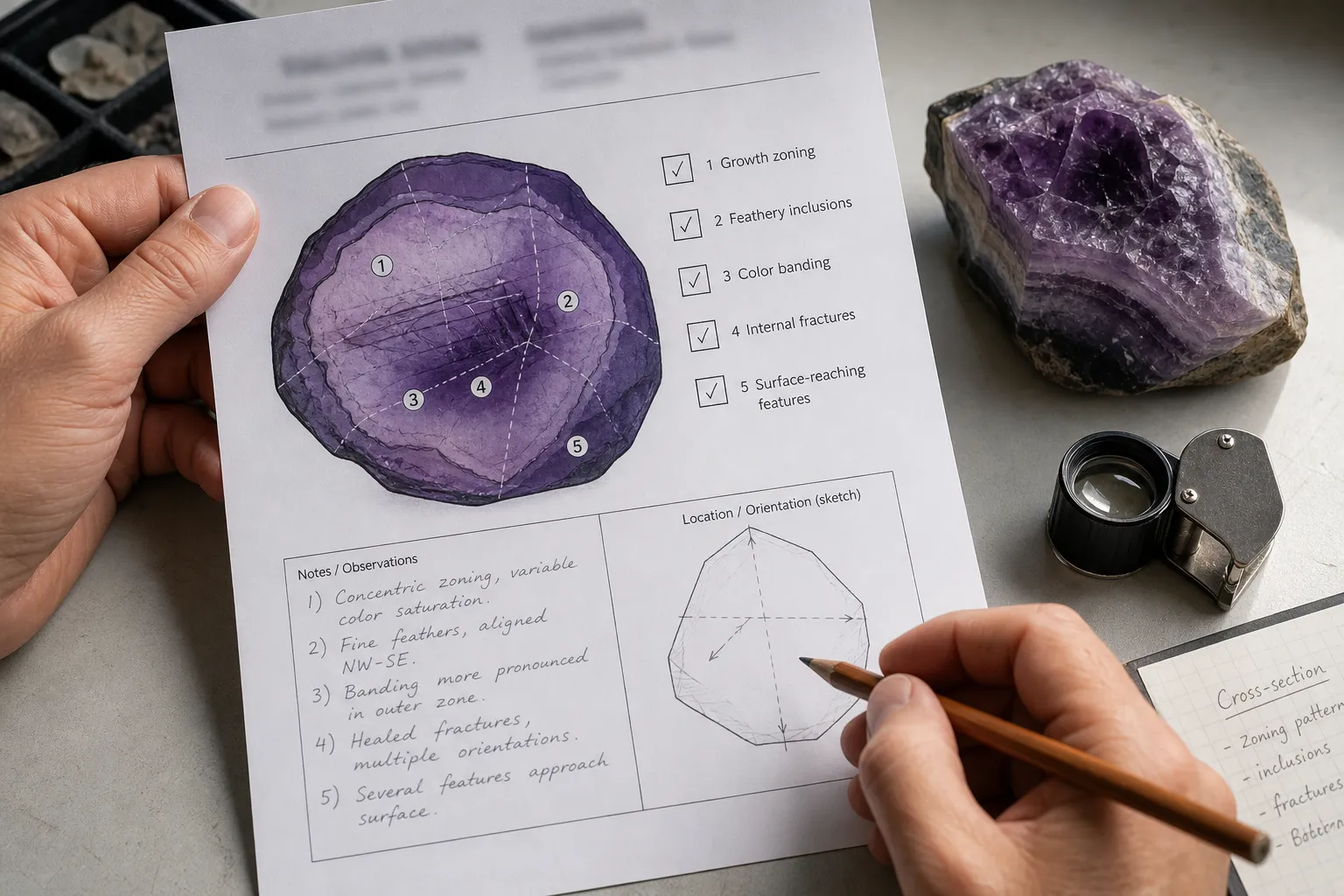 Collector reading a gemstone defect map by checking measured signal, spatial scale, claim, comparison context, and stated limits