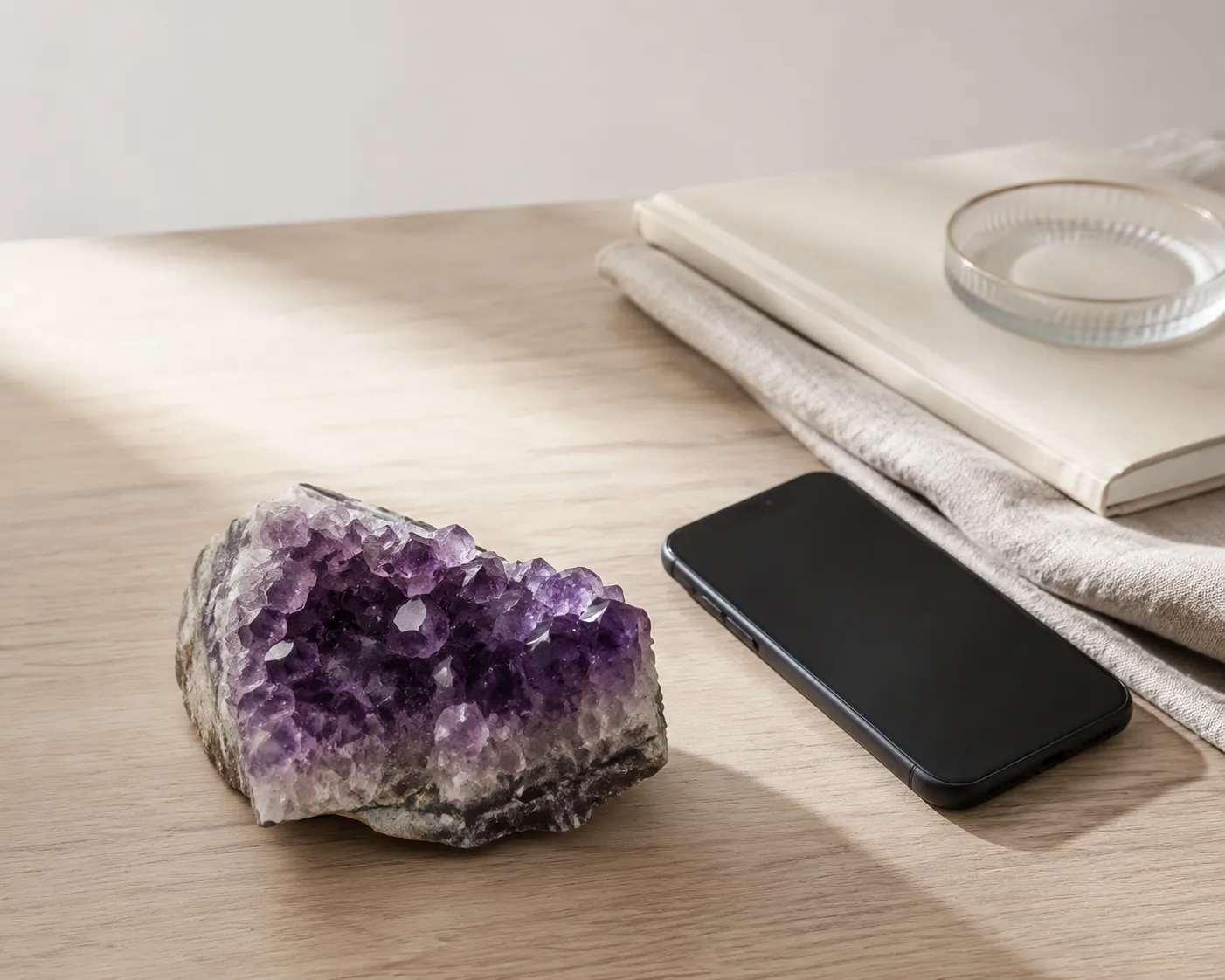Amethyst beside a silenced phone and notebook as a reminder to pause before checking digital inputs