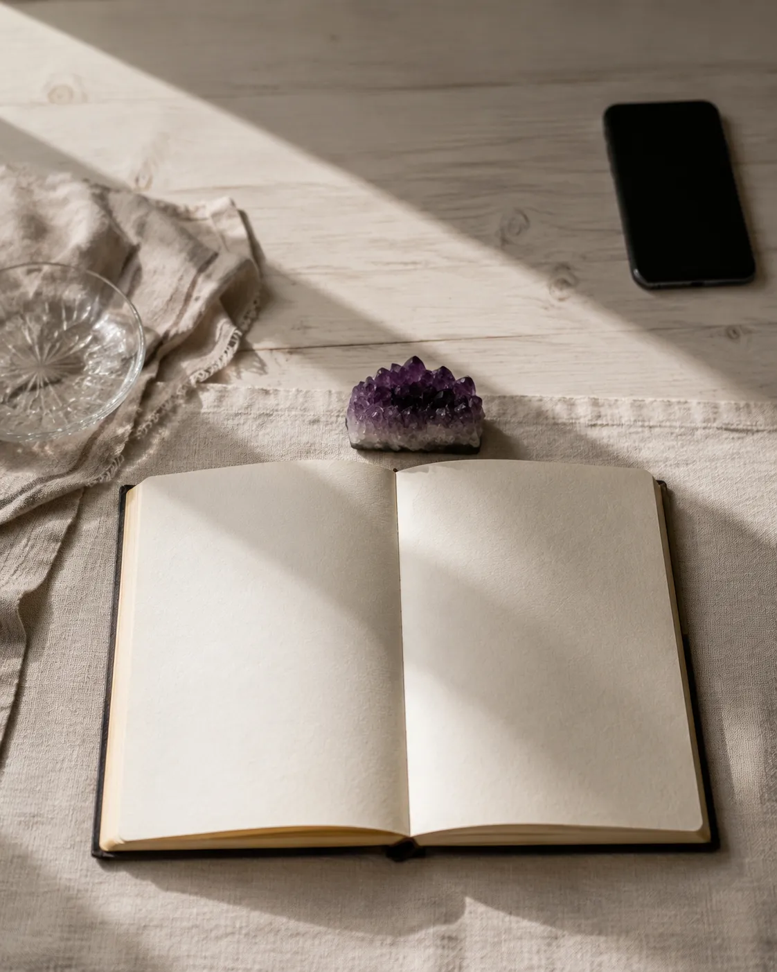 A quiet tabletop with amethyst, a notebook, and a phone placed aside to show a simple attention boundary