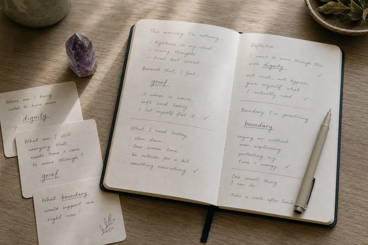 Journal prompts beside an amethyst used as a modest marker for compassion without abandoning boundaries