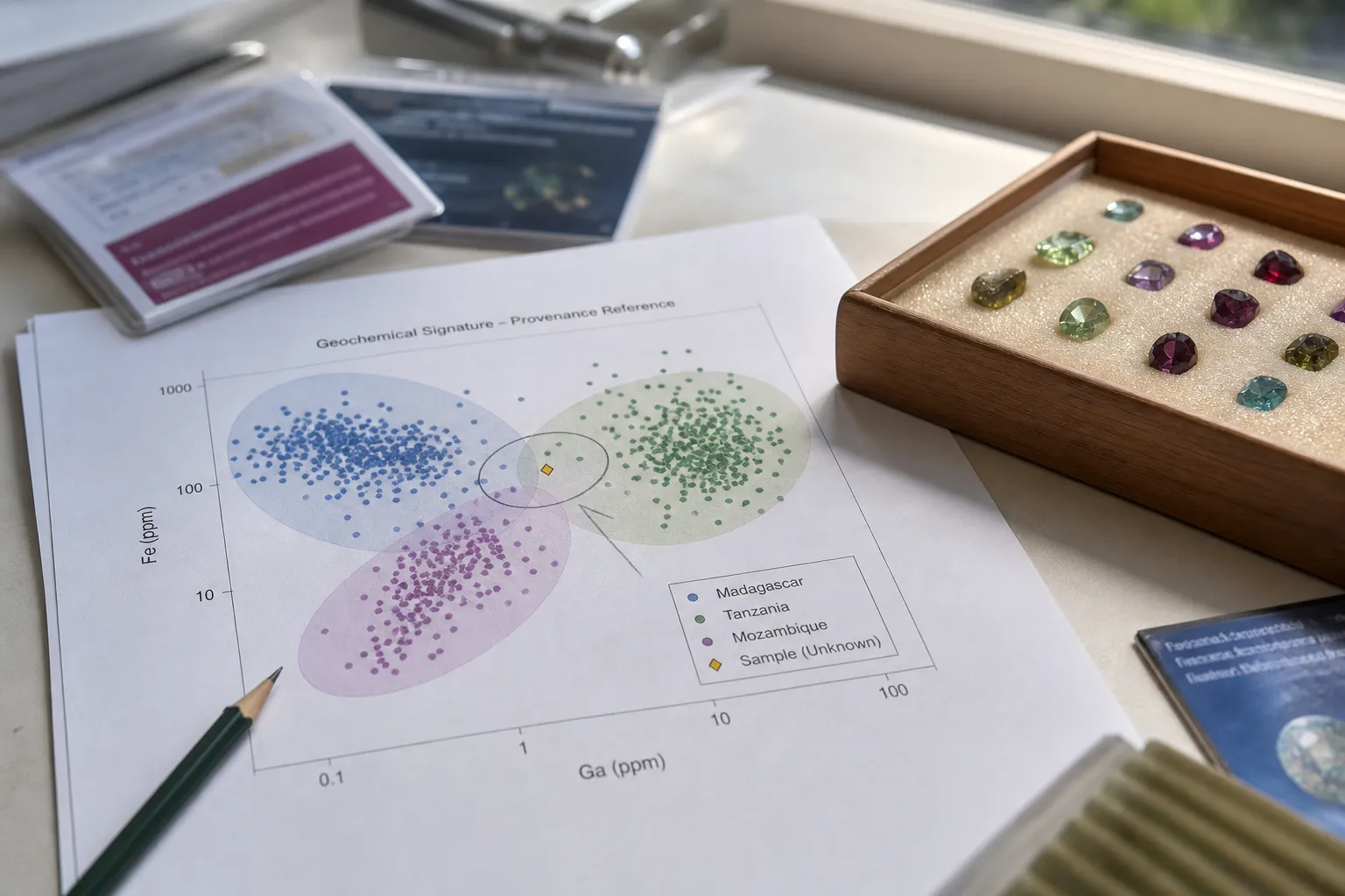 Gemstone provenance visualization showing overlapping groups, uncertainty, and a sample between clusters
