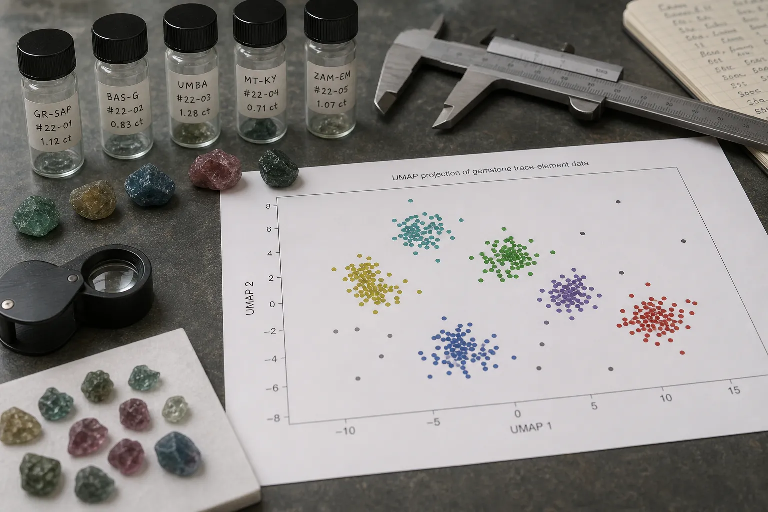 Gemstone sample data arranged as a provenance pattern with nearby clusters and outliers