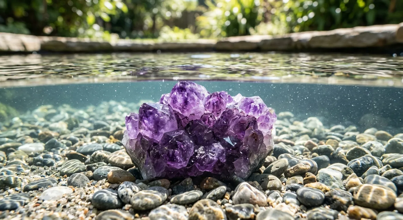 Amethyst crystal submerged in purified aqueous solution for baseline reset
