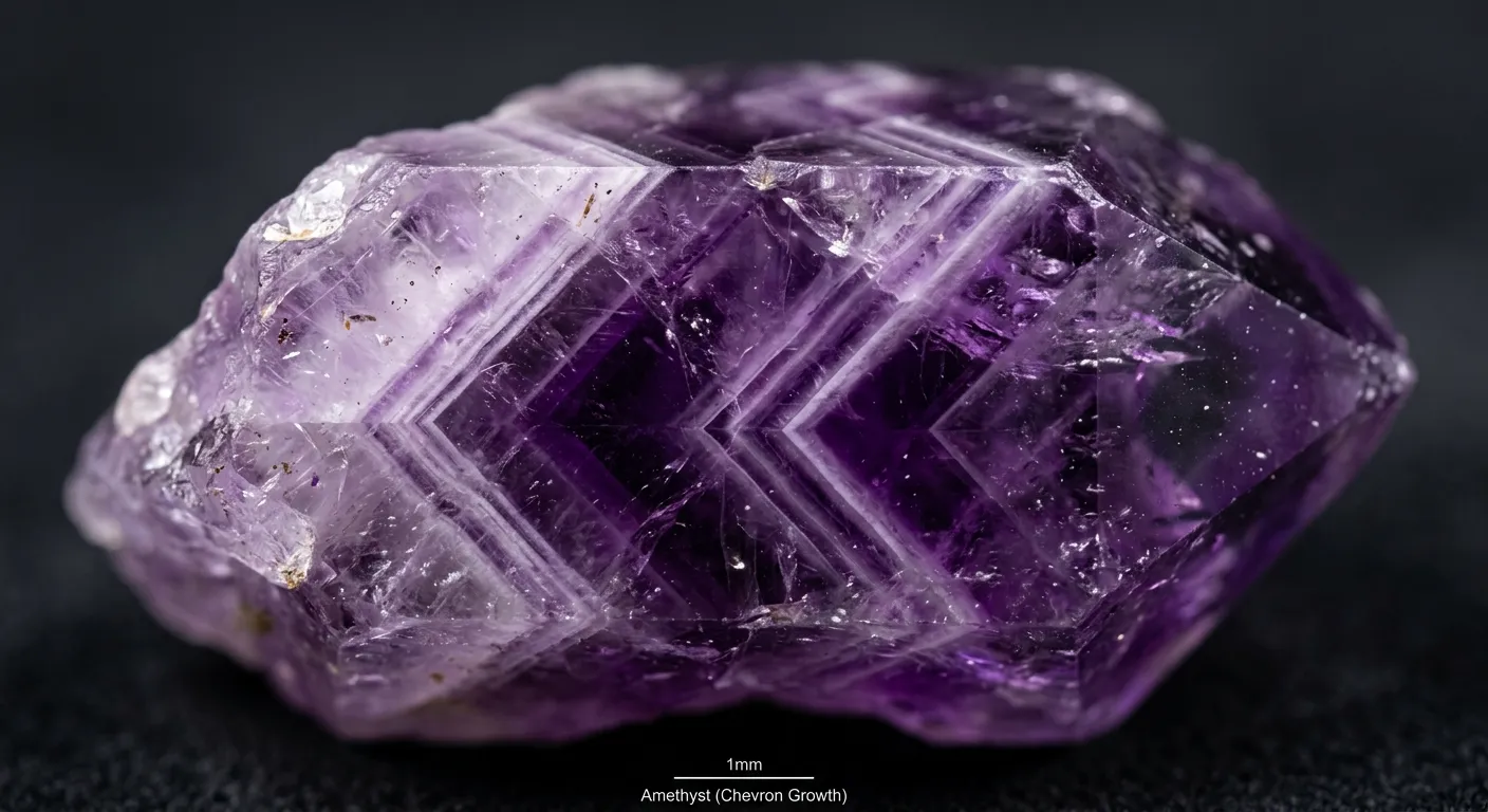 Macro photography of amethyst crystal chevron growth patterns