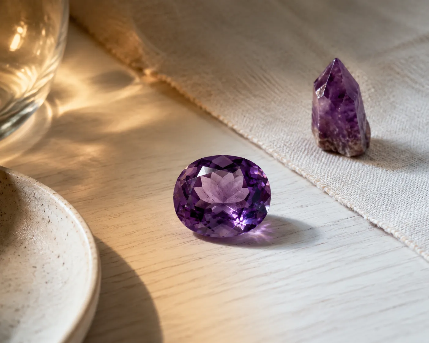 Amethyst viewed under warm and cool indoor lighting to compare purple color stability