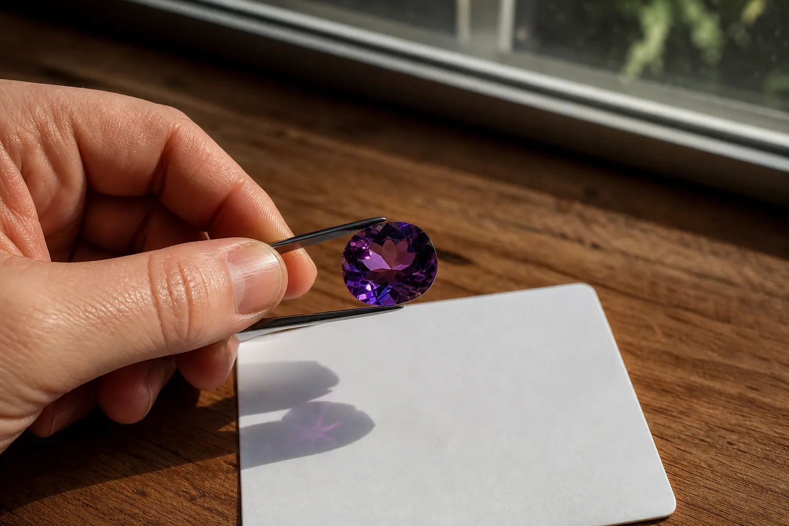 A faceted amethyst being viewed under fair light while rotation and tilt reveal whether dark areas return purple