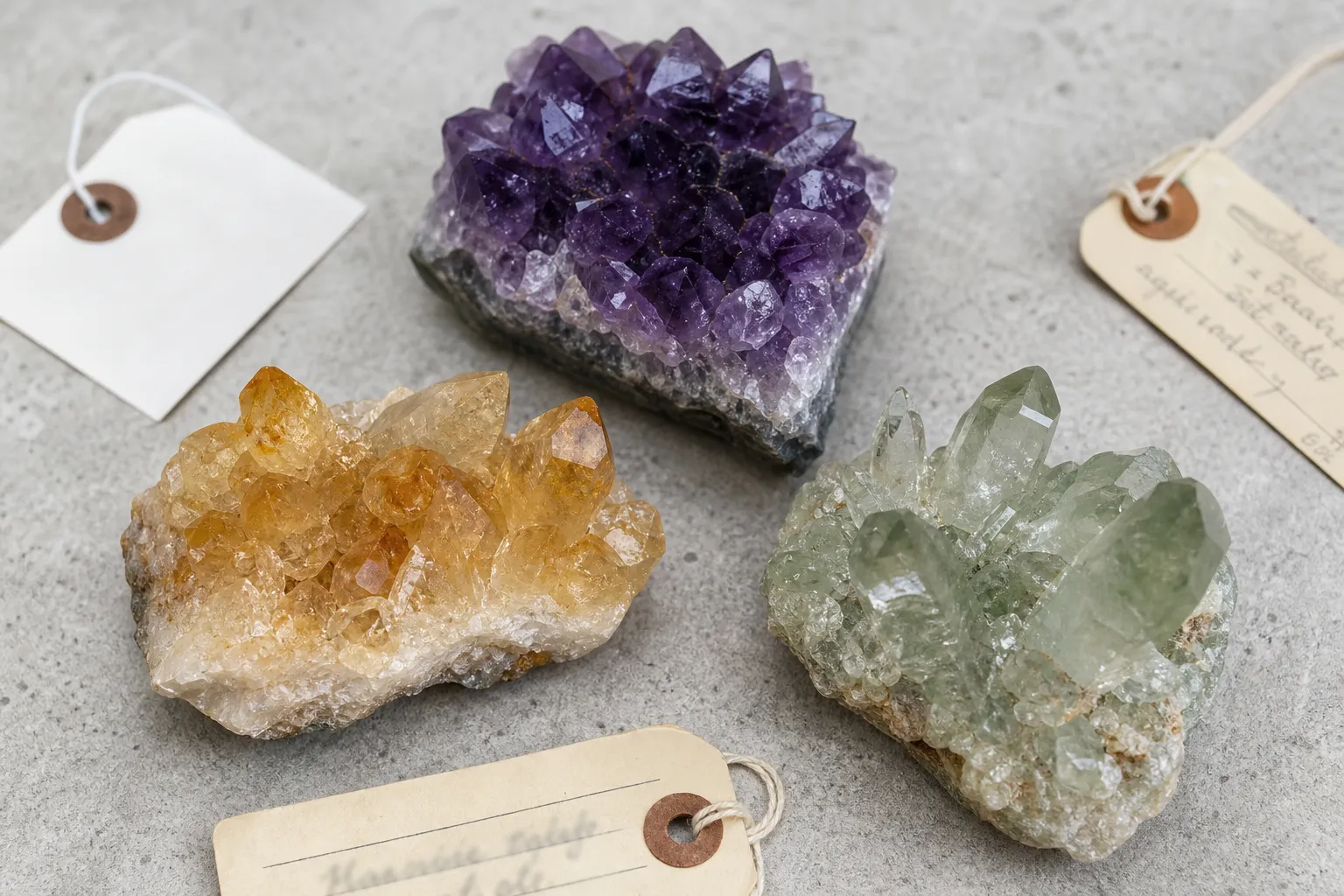 Amethyst citrine-like quartz and green prasiolite arranged to show how color labels can differ from treatment history