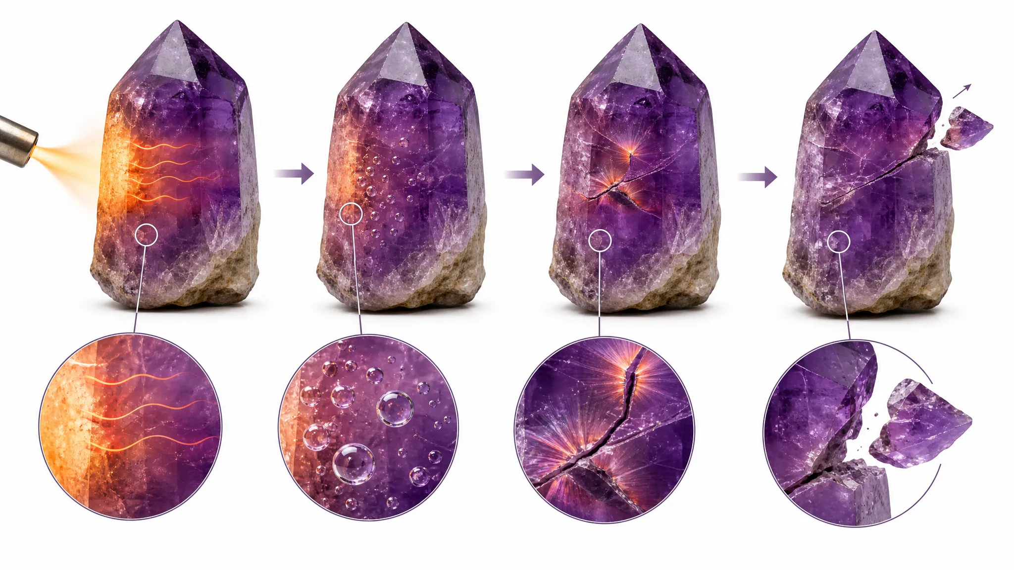 Heat moving through an amethyst specimen as trapped fluid pressure interacts with micro-fractures