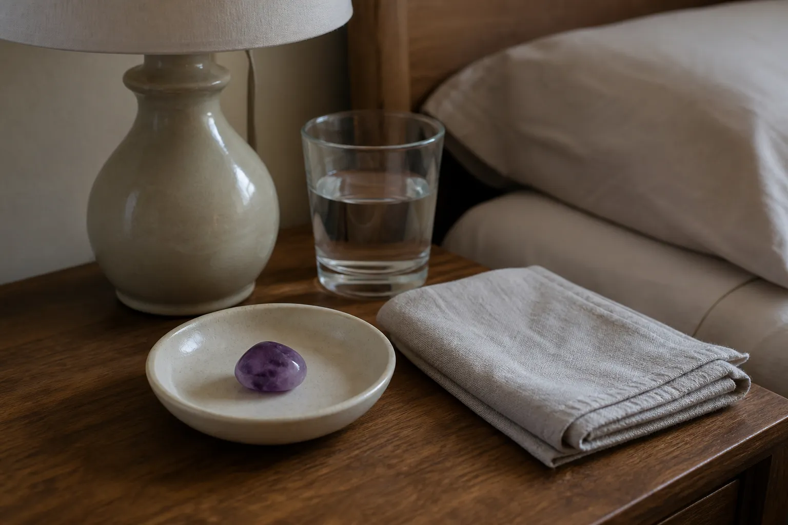 A small amethyst placed beside a bedside dish after a brief ritual, keeping the stone in proportion as a symbolic object