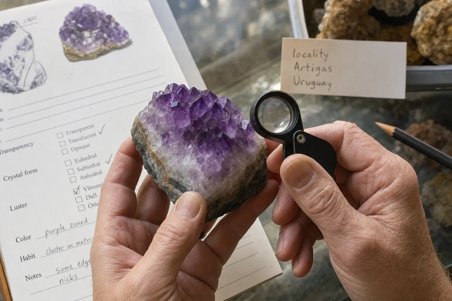 Amethyst being inspected with documentation nearby to separate visible quality from locality claims