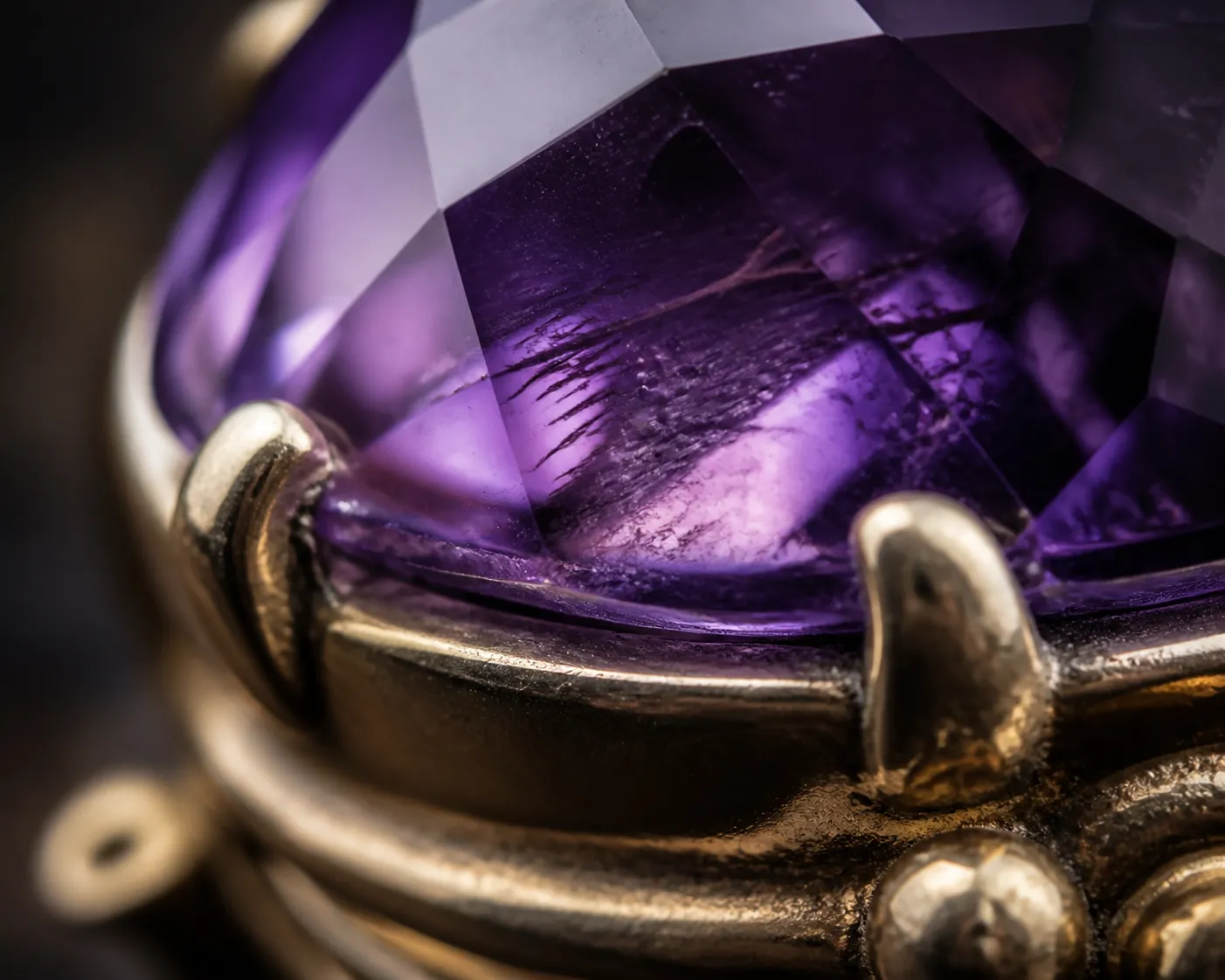 Close view of an amethyst gemstone in a metal setting, emphasizing how stone and mounting respond differently to heat