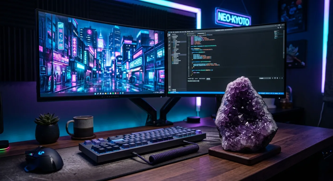 Natural amethyst specimen placed on a modern minimalist developer workstation