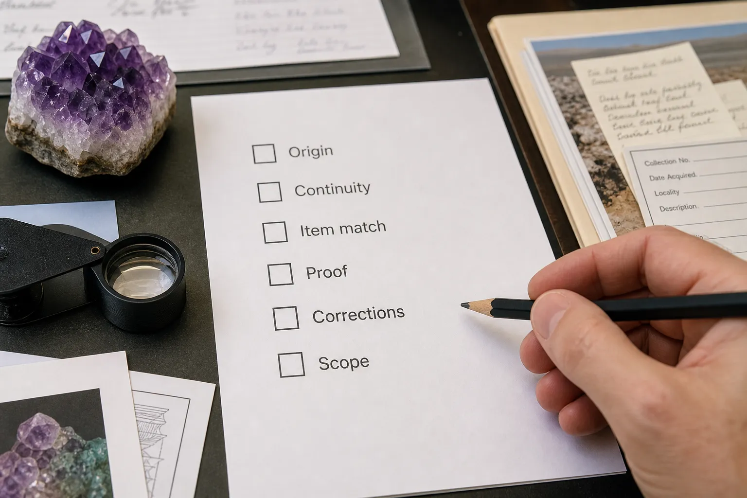 A buyer reviewing an amethyst record for origin detail, chain continuity, item connection, supporting proof, corrections, and claim scope