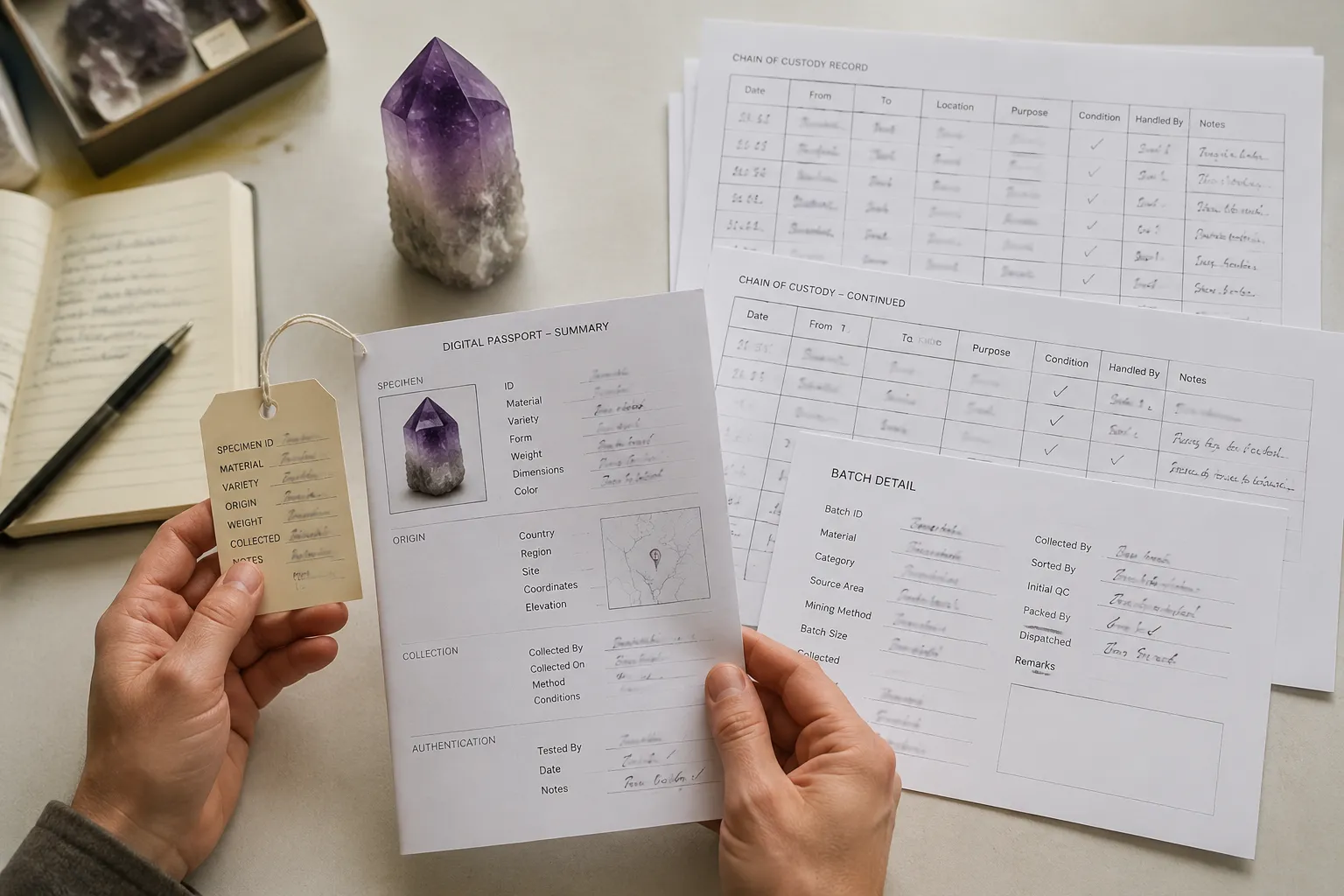 A buyer comparing an amethyst digital passport with chain of custody documents and batch details