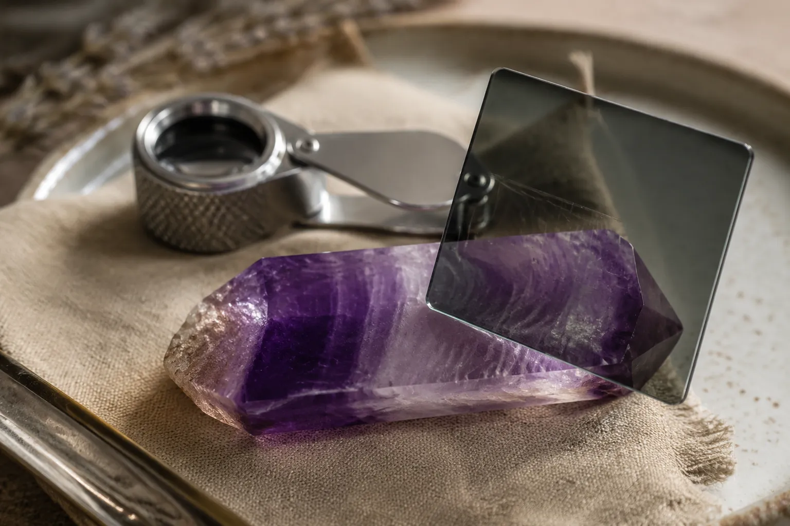 Close amethyst study scene suggesting the difference between visible color zoning and internal twinning that requires optical interpretation