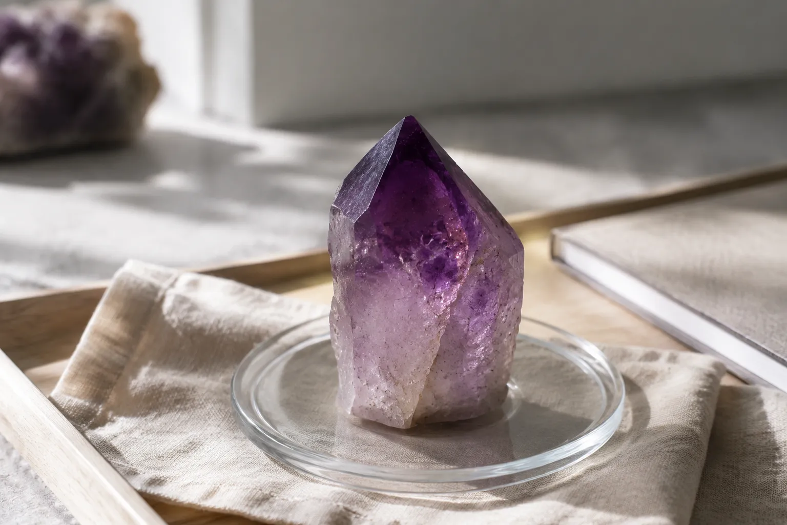 Amethyst crystal on a quiet tabletop, used to introduce Brazil Law Twinning as an internal quartz structure rather than a geographic origin claim