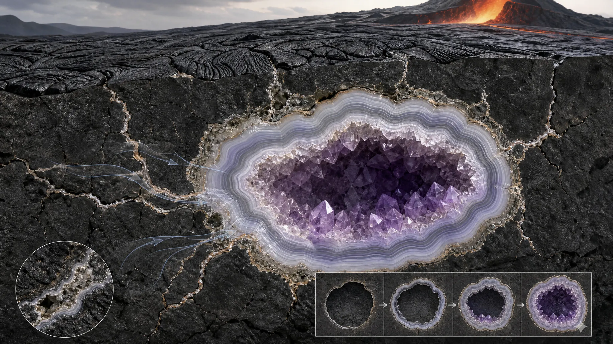 Amethyst geode formation explained through basalt cavities, alteration, low-salinity fluids, and silica deposition
