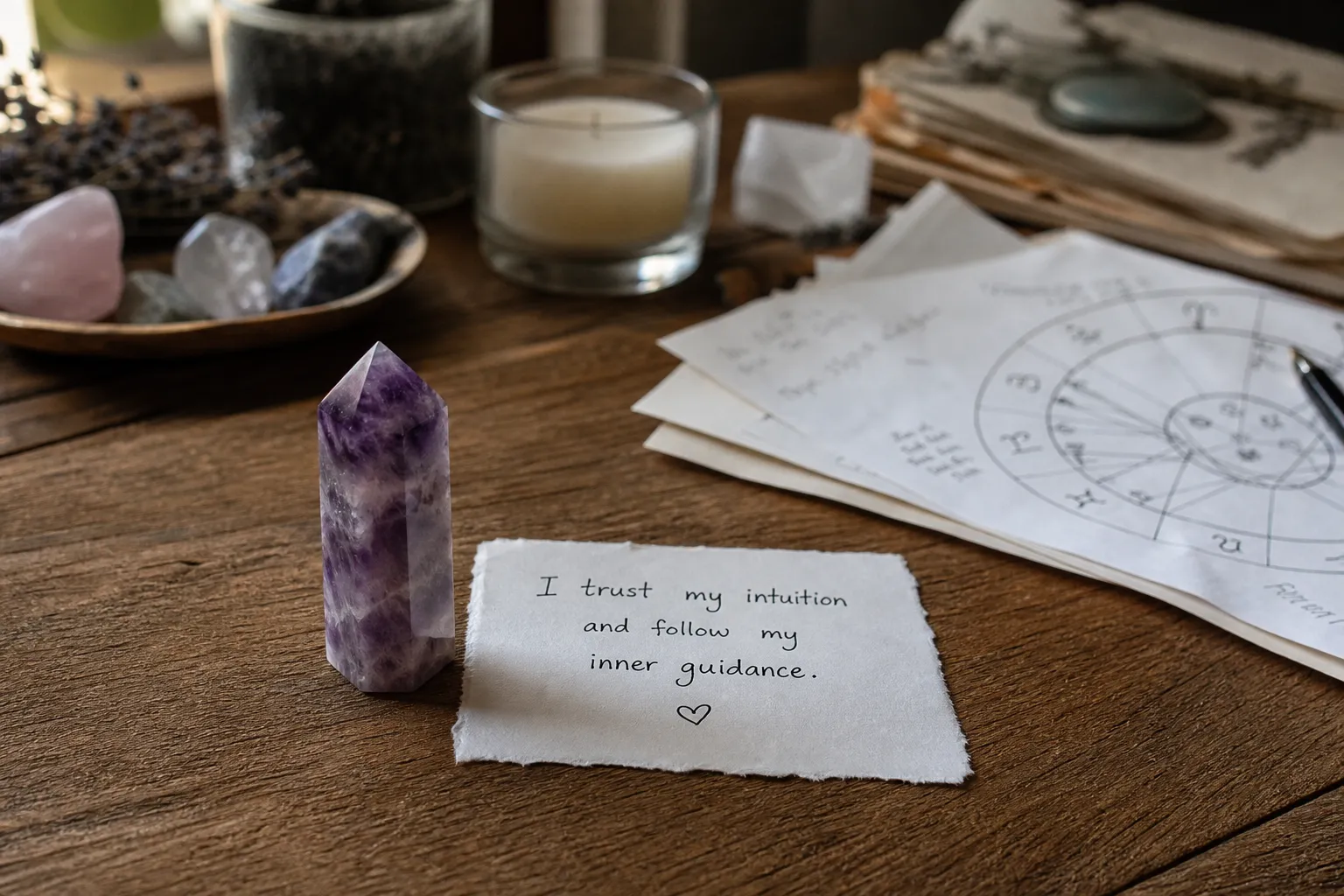 A restrained ritual setup contrasting one clear amethyst intention with extra objects set aside