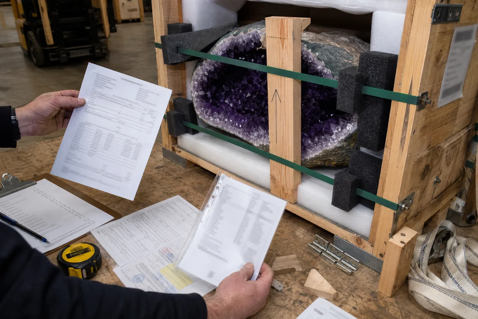 Amethyst geode shipment being checked with packing notes, invoice details, and freight responsibility before import