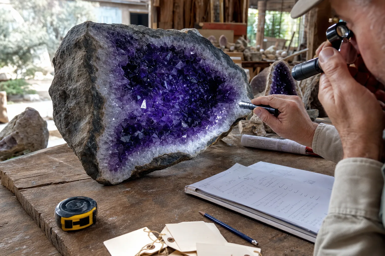 Large amethyst geode being evaluated near a source-side buying setting with notes for quality, seller role, and freight terms