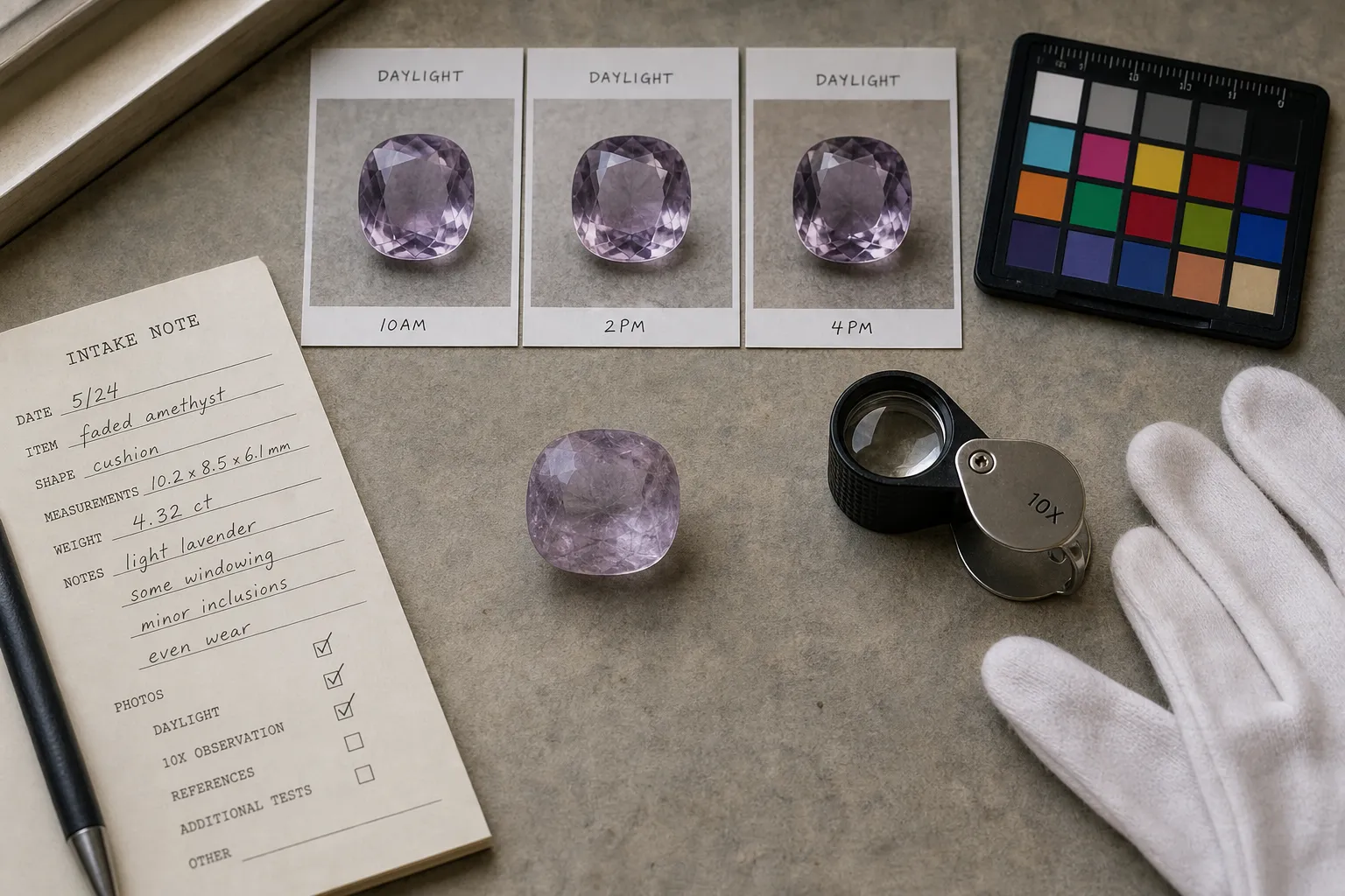 Amethyst documentation checklist with photos, records, lighting notes, and professional evaluation before treatment