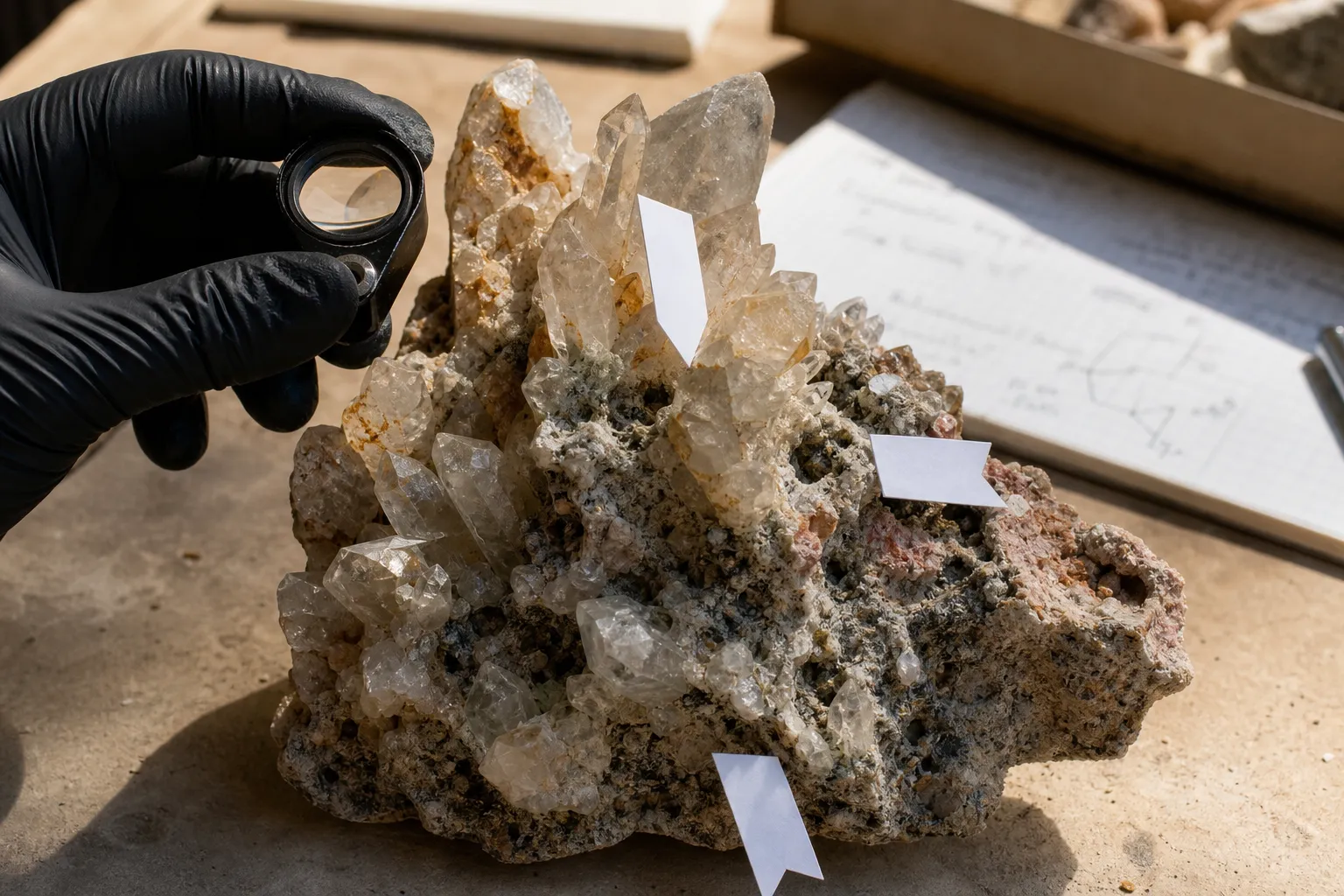 Mixed quartz specimen with matrix and associated minerals marked as a compatibility concern before oxalic acid cleaning