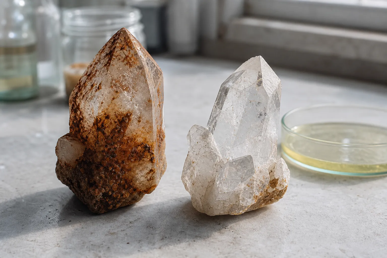 Iron-stained quartz beside a clearer cleaned quartz surface, emphasizing stain removal rather than magical transformation
