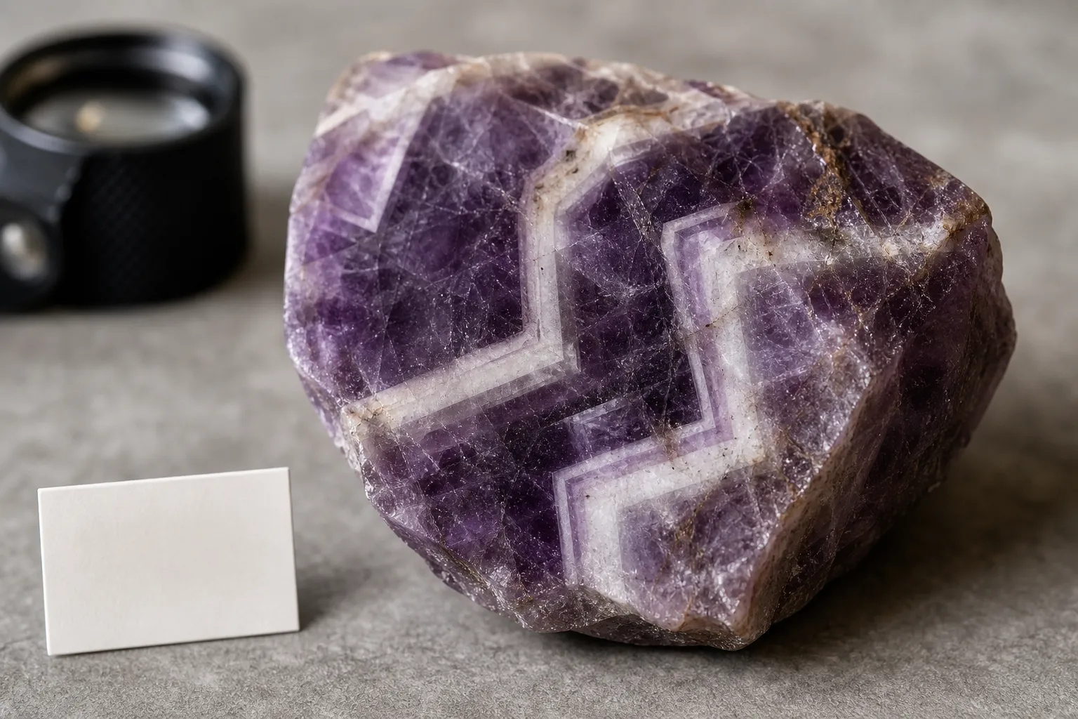 Chevron amethyst specimen detail showing banded purple and pale patterning as a symbolic cue rather than a verified technical claim