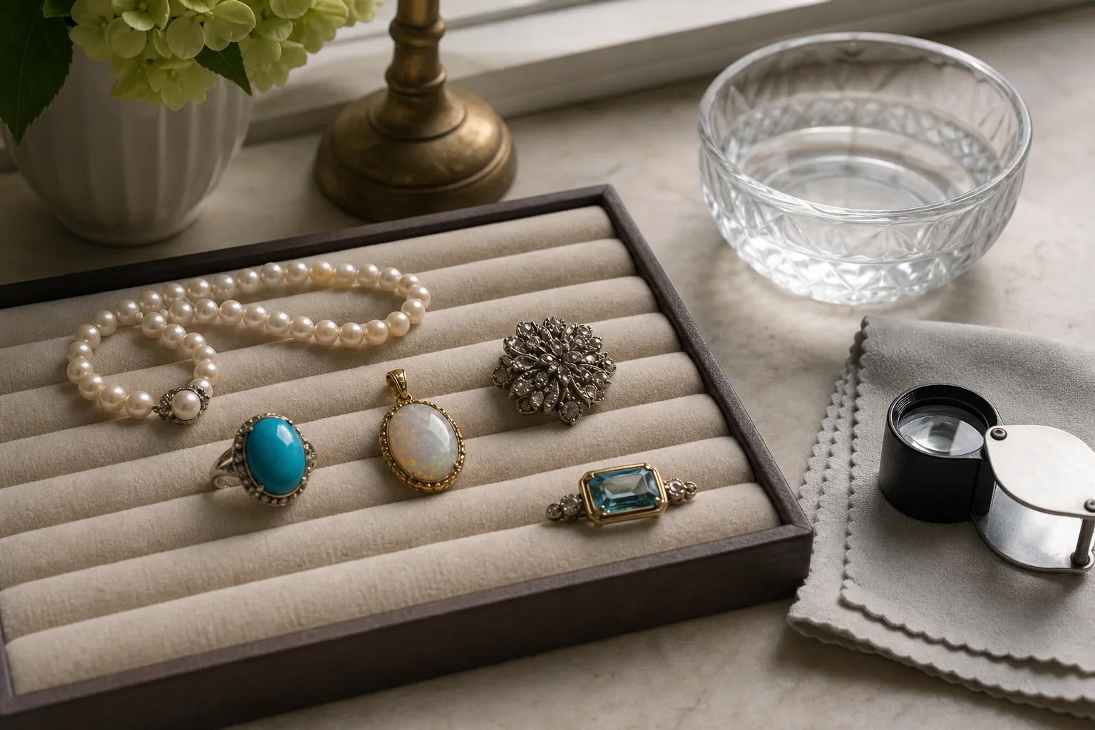 Delicate pearl, turquoise, opal, and vintage jewelry set aside for cautious inspection after pool exposure
