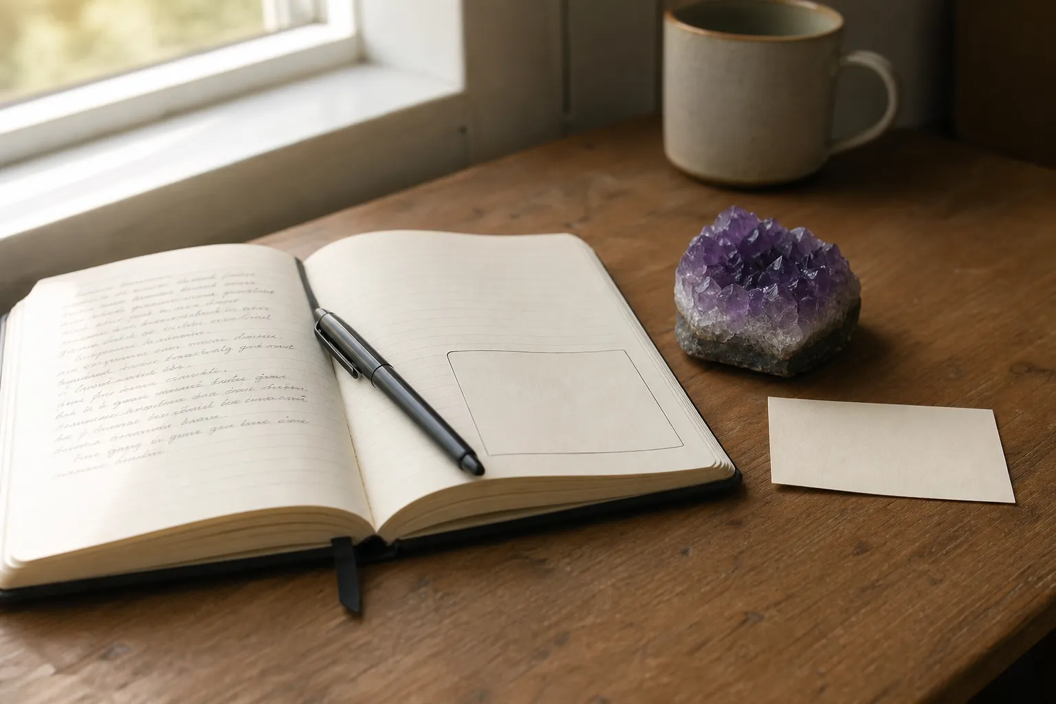 Amethyst beside a notebook used as a tactile reminder to choose the next practical action