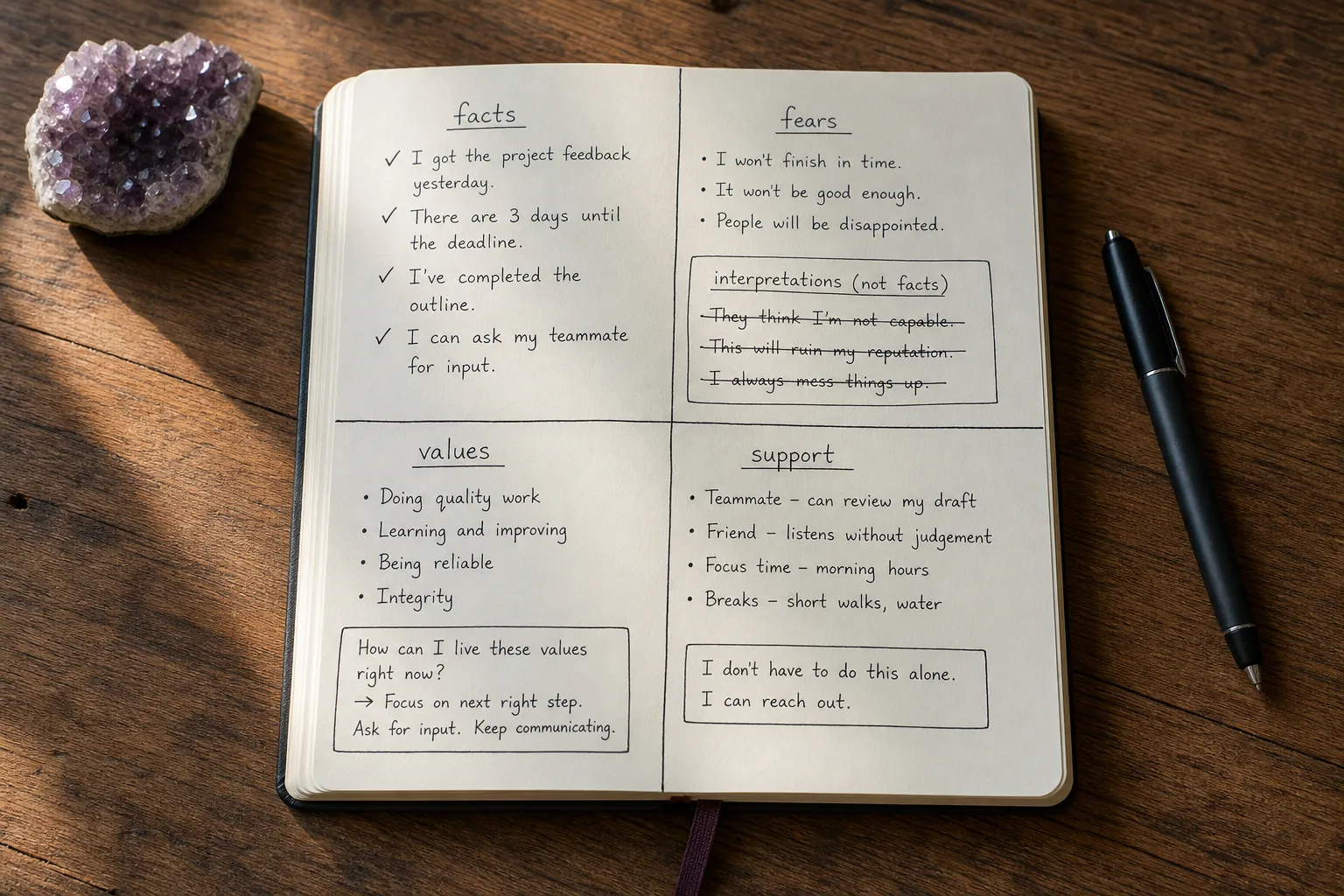 A journal page separating observable facts, fears, values, and support needs before a romantic choice