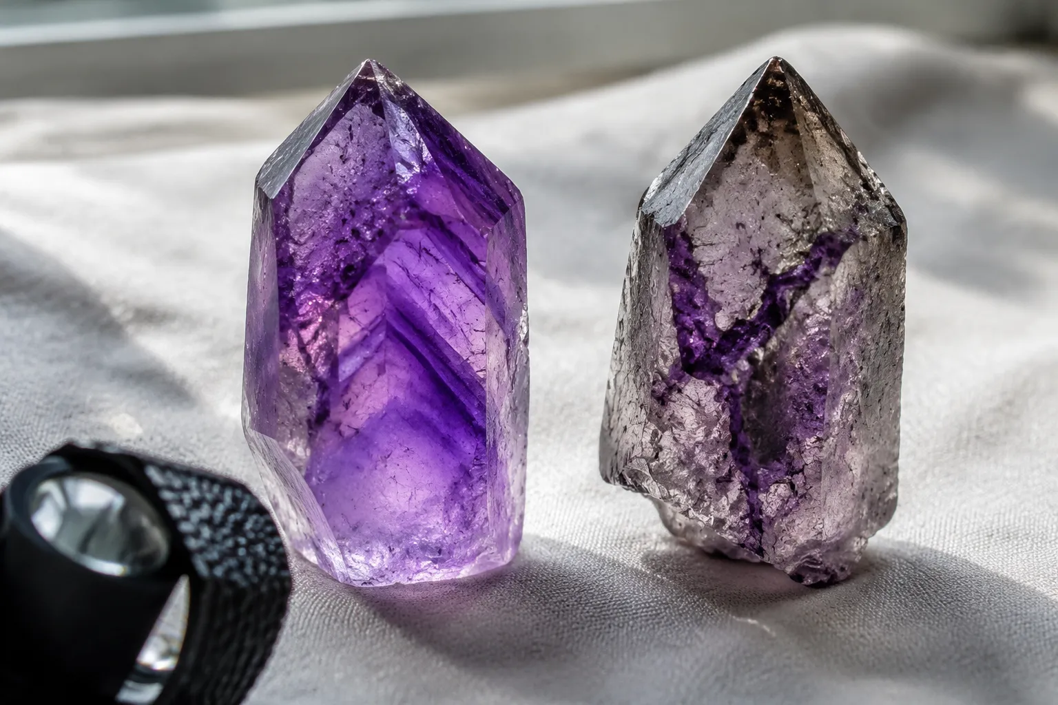 Comparison of internal angular amethyst color zoning and purple color gathered in cracks or pits