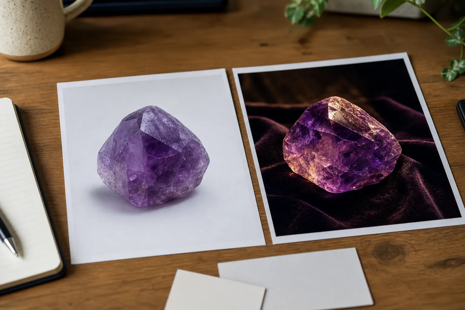 Amethyst listing photos compared for white background visibility and stylized display lighting