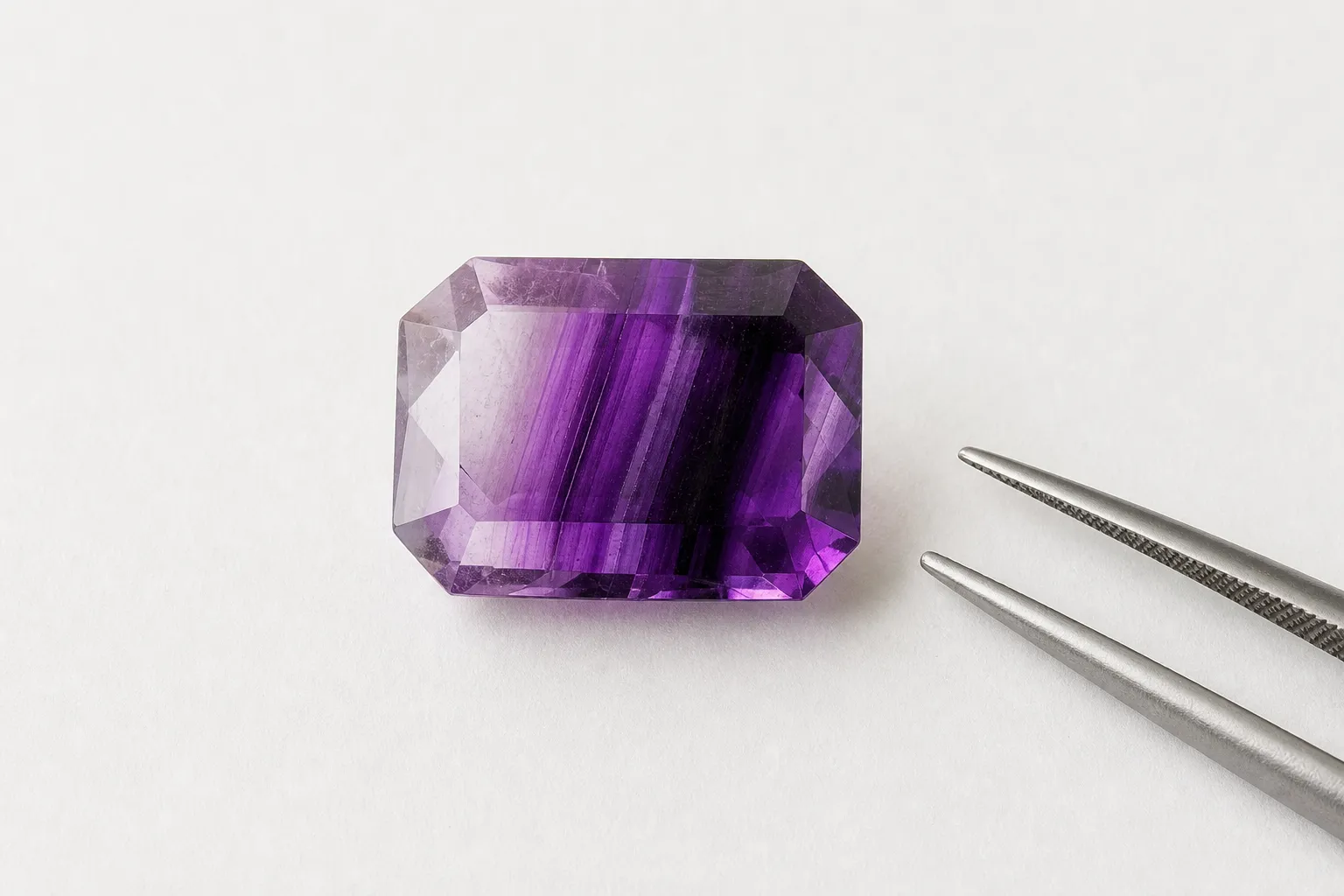 Amethyst viewed face-up on a plain white background to reveal uneven purple color zones