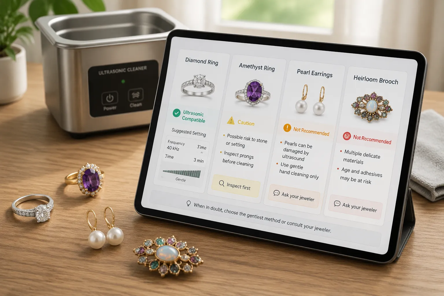 Different jewelry records showing ultrasonic cleaner confirmation for one ring and verification reminders for amethyst, pearl, and heirloom pieces