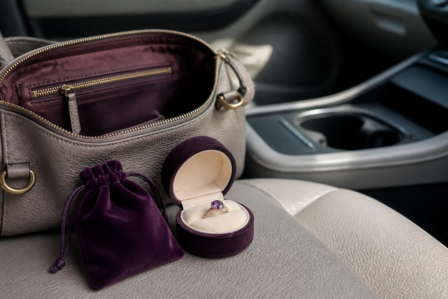 Soft pouch and lined ring box used for safe amethyst ring storage before driving