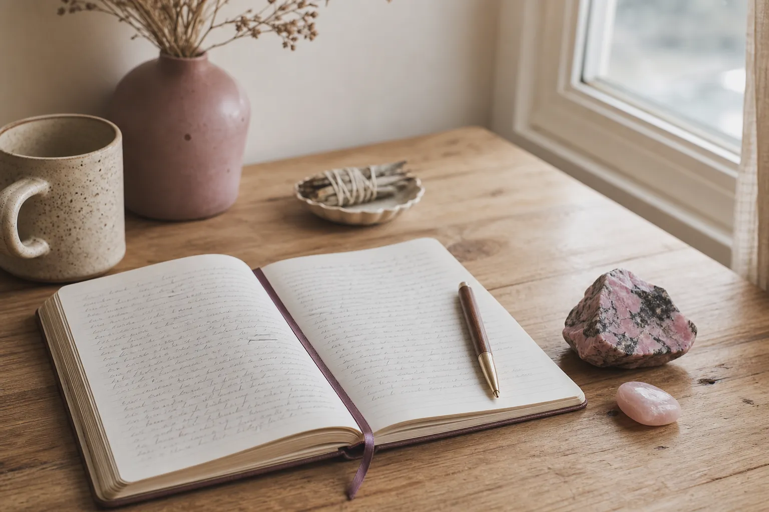 A calm reflective setting showing a journal beside rhodonite and rose quartz as symbols for turning strong feelings into discernment