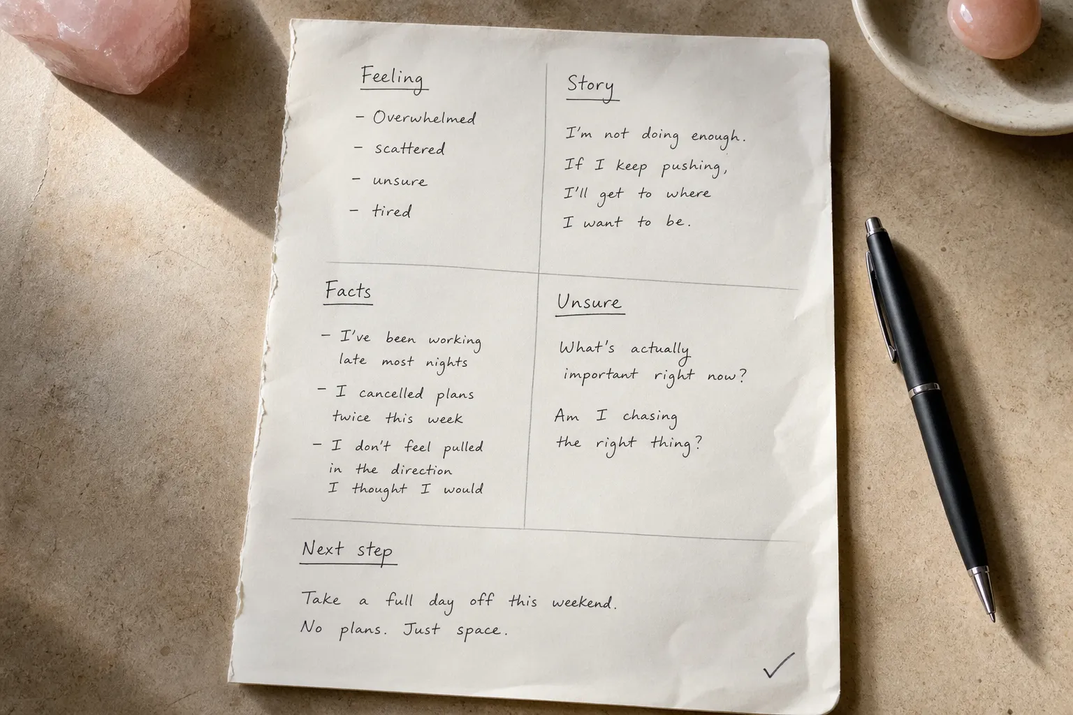 A journal page organized around feeling, story, known facts, uncertainty, and a kind next step