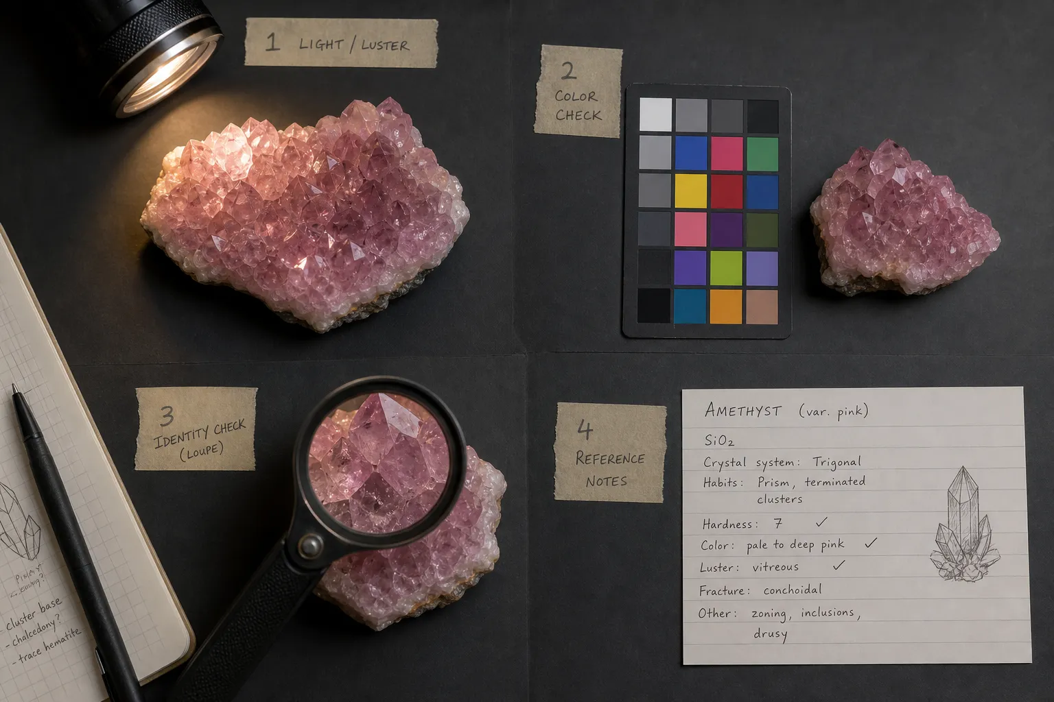 Collector-style view separating pink amethyst crystal habit, color, identity, and evidence questions