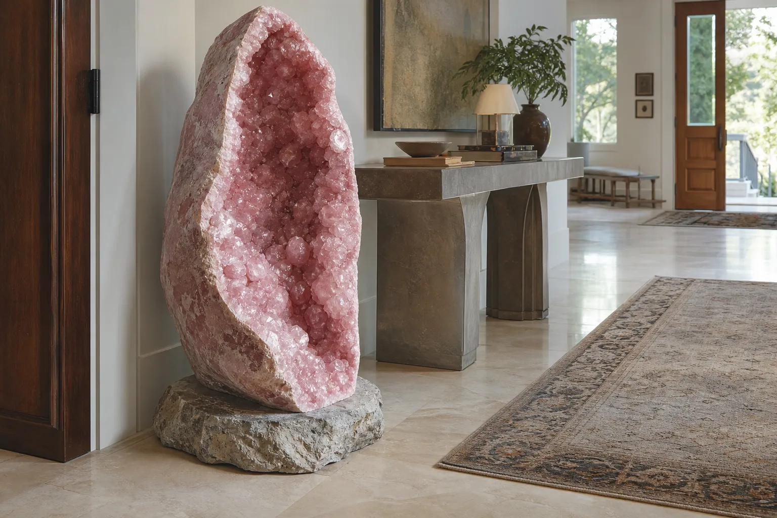 Oversized pink geode on a low stable support with nearby furniture and circulation space checked before final placement