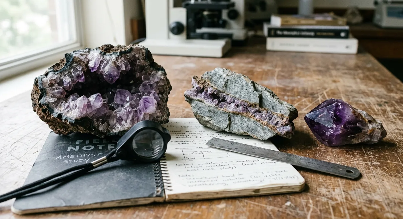 Amethyst specimens showing visible host rock, hollow lining, seam growth, and incomplete context for formation clues