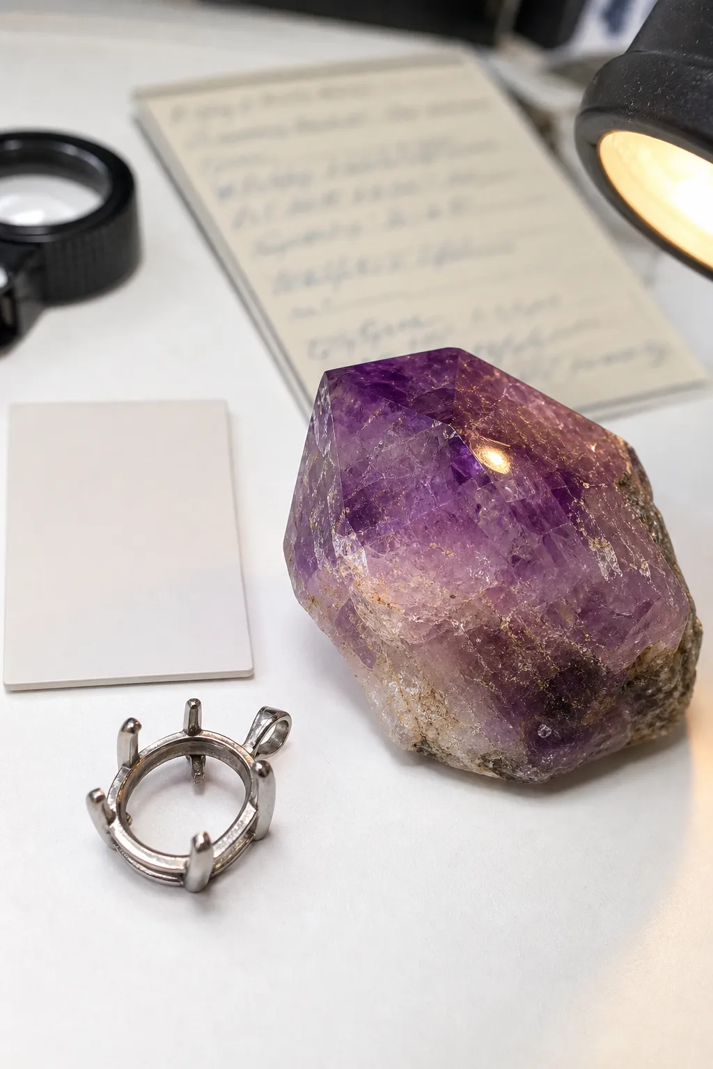 Four Peaks Amethyst evaluation showing origin paperwork, light comparison, and jewelry setting influence