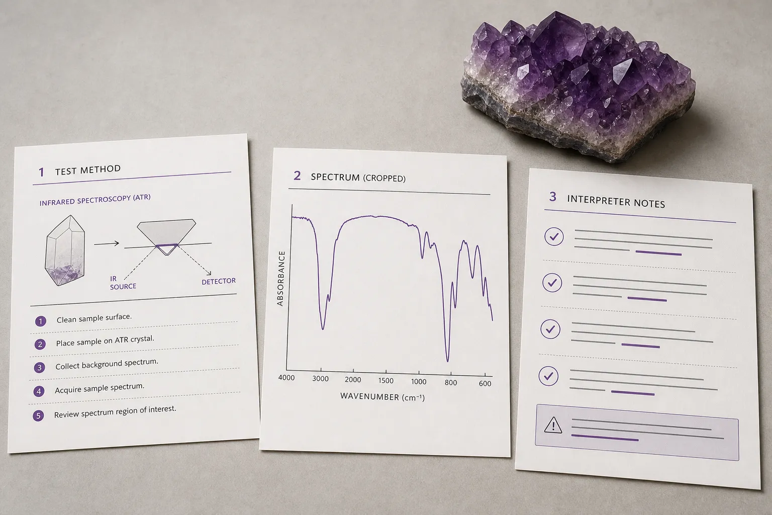 Amethyst listing language separated into FTIR method, spectral observation, and interpreted conclusion
