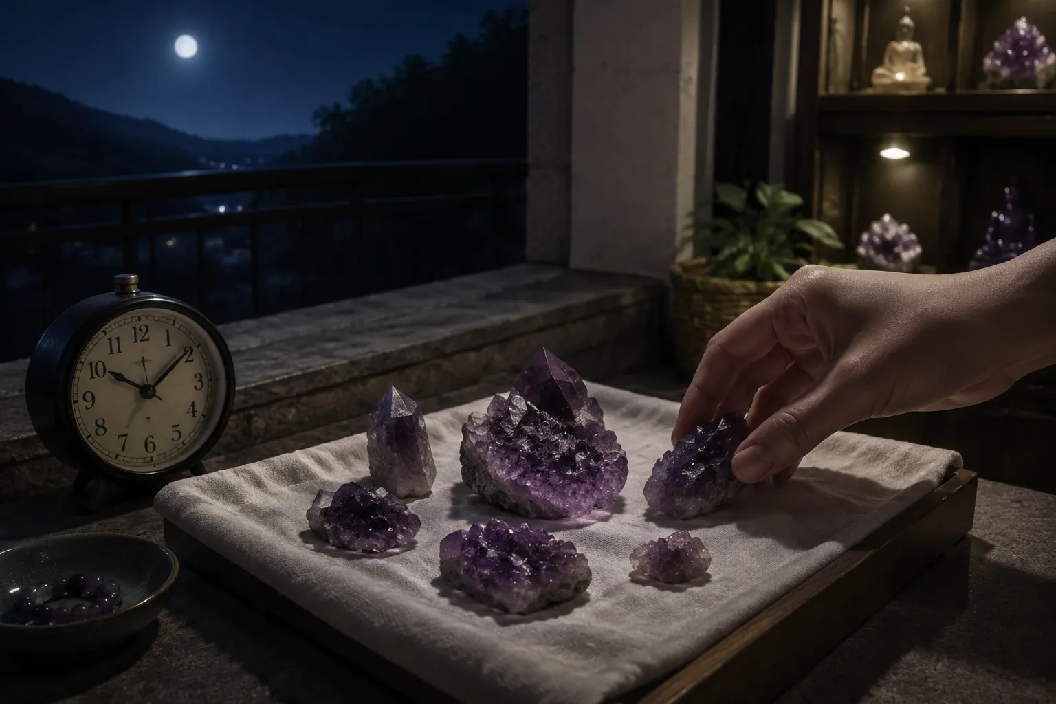 Amethyst pieces arranged on a tray for a time-bounded full moon ritual