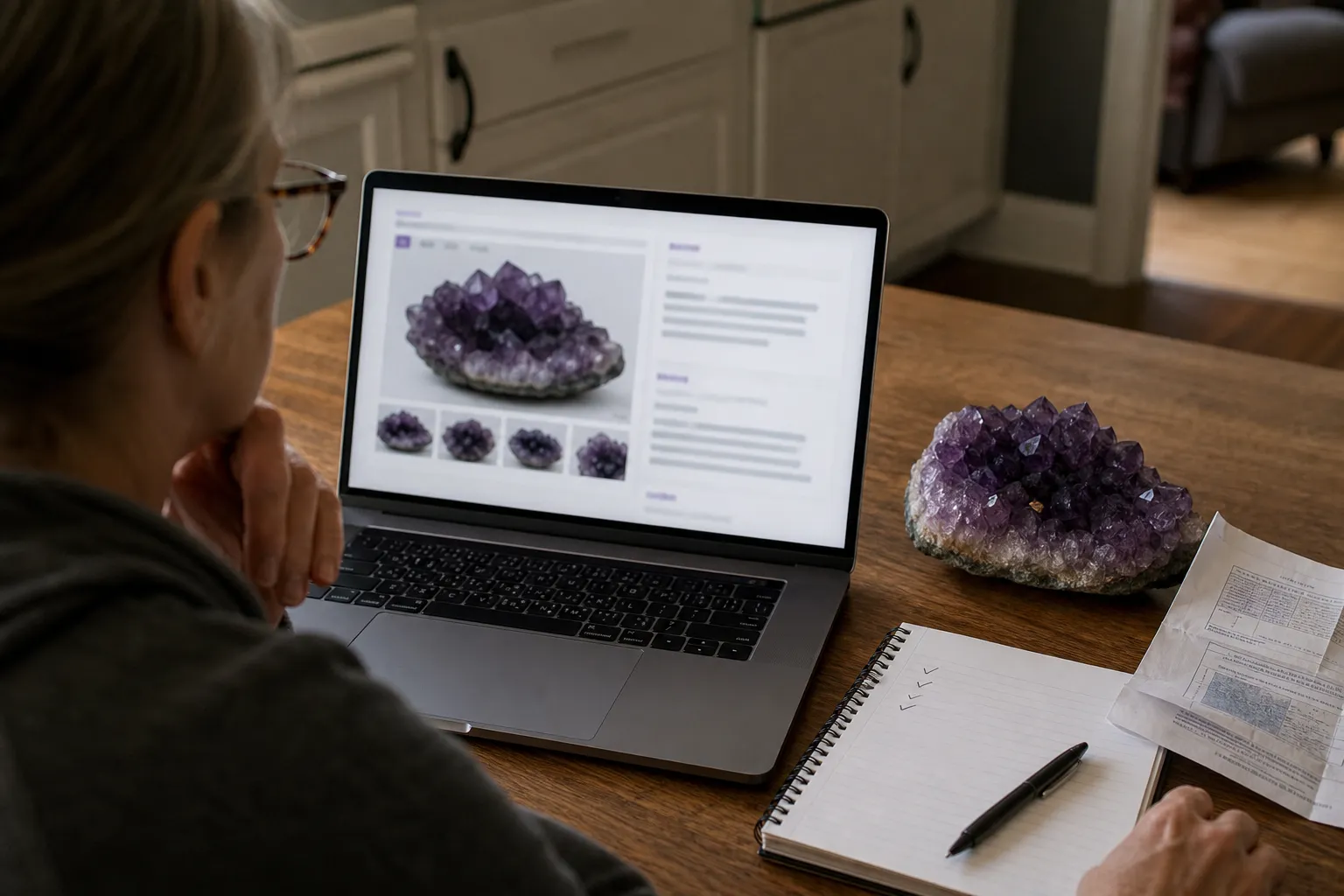 Online amethyst listing details reviewed beside a specimen and documentation notes