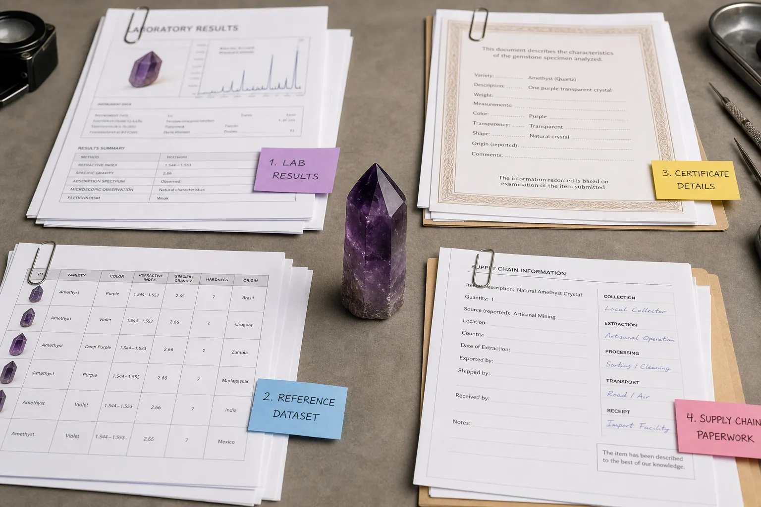 A collector review scene separating a lab result, reference dataset, certificate wording, and supply chain paperwork into distinct evidence categories.