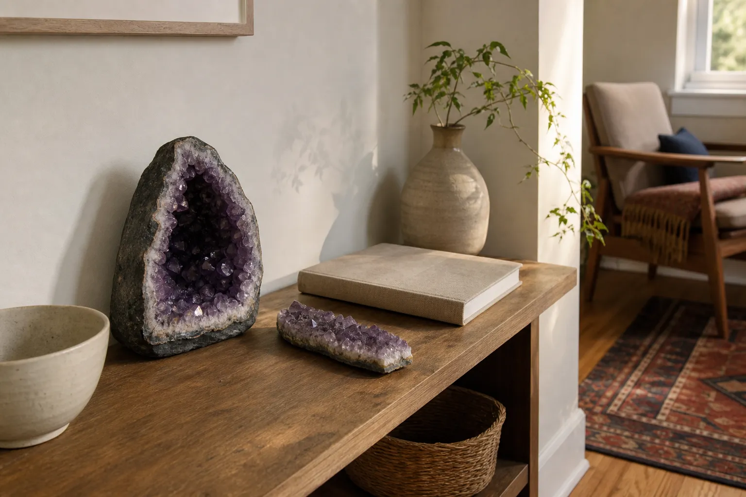Amethyst pieces arranged on a shelf to show inward geode placement and directional vein-like orientation without implying proven effects