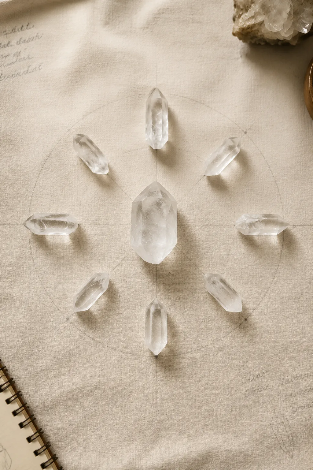 Step-by-step quartz grid arrangement showing center stone, four-point cross, and added circular rhythm