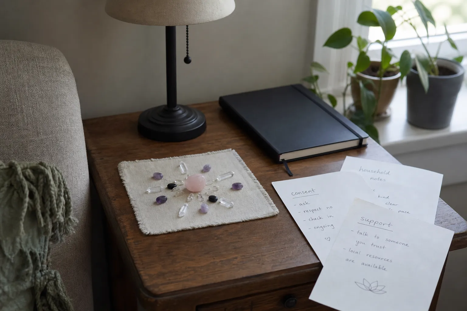 A calm household corner with a private crystal grid separated from notes about consent and serious risk boundaries