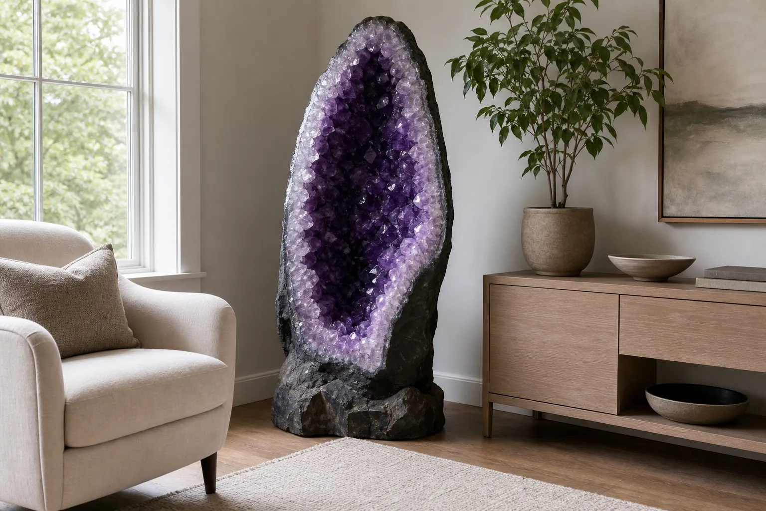 A large amethyst geode displayed beside furniture with visible scale, open crystal orientation, and edited surrounding space.